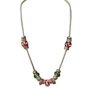 Festive Christmas Red & Green Blown Glass‎ Beads & Rhinestone Charm Necklace